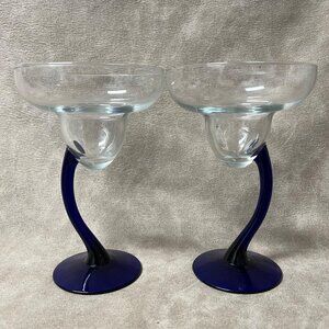 LIBBEY Cobalt Blue 2 BRAVURA Margarita Champagne Curved Stem Glasses 7 1/4 "